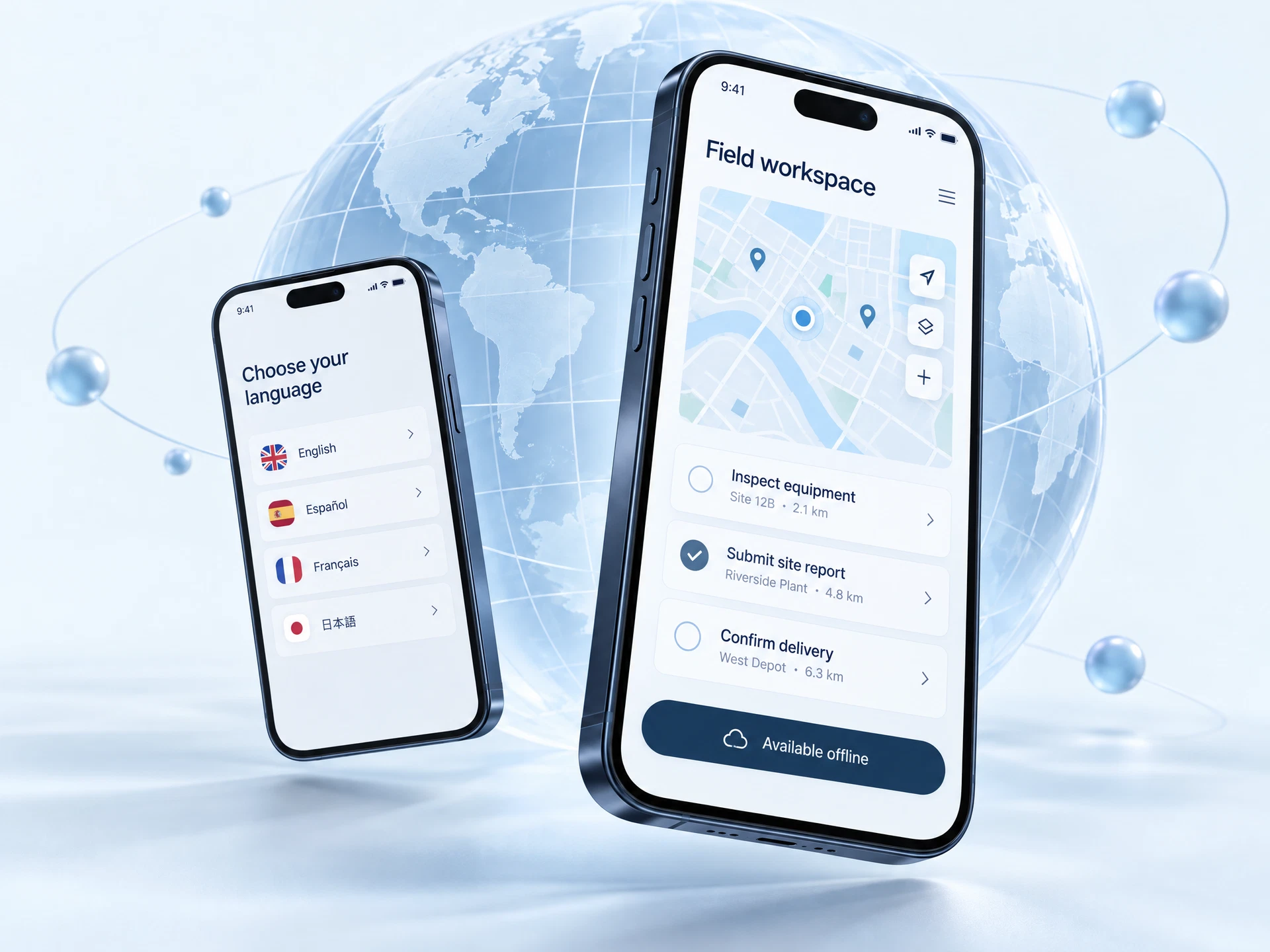 Illustrative enterprise mobile apps with an offline workspace and language selection, surrounded by a glass globe
